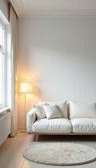 Minimalist room with white sofa and floor lamps, elegant style, simplicity