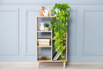 Shelving unit with houseplants and other decor near grey wall