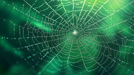 Obraz premium Intricate Nature Spider Web with Dew Drops in Soft Green Light