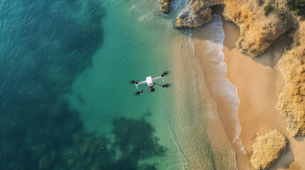 A drone mapping a coastal region, beach with drone surveying the coastline for environmental data, Environmental-tech style