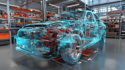 X-ray view of a car's internal components in a garage.