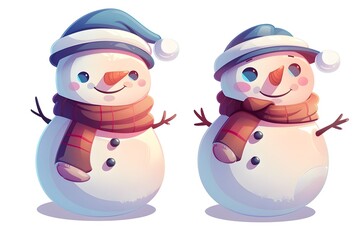 Two cute snowmen in winter hats and scarves on a white snowy background celebrating a fun and festive holiday season