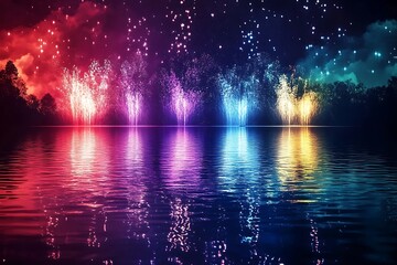 Vibrant Fireworks Reflecting on a Night Lake