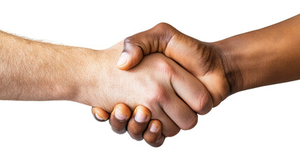 Two hands representing different ethnicities engaging in a warm handshake to symbolize a shared commitment to a common goal