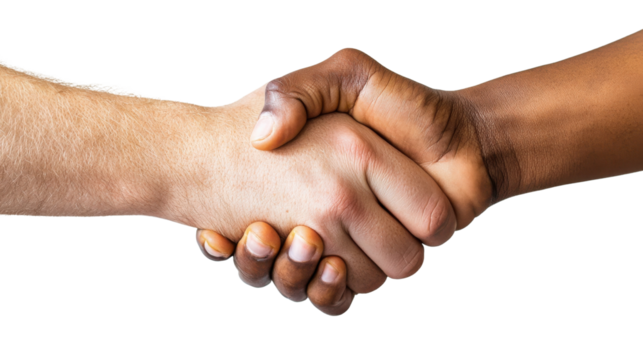 Two hands representing different ethnicities engaging in a warm handshake to symbolize a shared commitment to a common goal