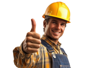 Happy construction worker giving thumbs up wearing yellow hard hat and overalls, isolated on transparent background