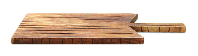 One wooden serving board isolated on white. Space for text