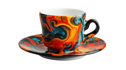 A unique and visually striking ceramic cup featuring a mesmerizing abstract design with a dynamic blend of vibrant swirling colors and fluid patterns