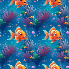 Fototapeta premium Seamless Cartoon Fish & Coral Reef Pattern – Playful Underwater Design for Kids' Wallpaper & Nursery Decor
