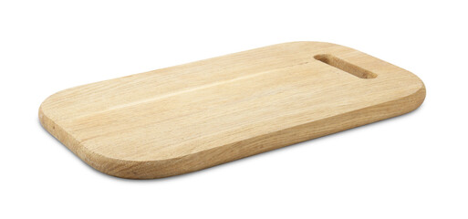 One wooden serving board isolated on white. Space for text