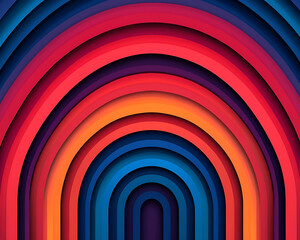 Naklejka premium Vibrant geometric patterns create abstract design with layered arches in shades of red, orange, and blue