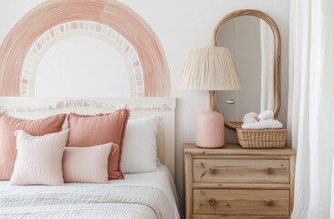 Boho-style decorated bedroom wall with bohemian rainbow stickers in light pink and brown colors, modern design