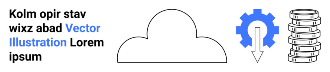 Cloud with arrow inside gear symbol representing cloud-based processes with stacked coin piles. Ideal for technology, cloud service, finance, automation, data management, software, simple landing