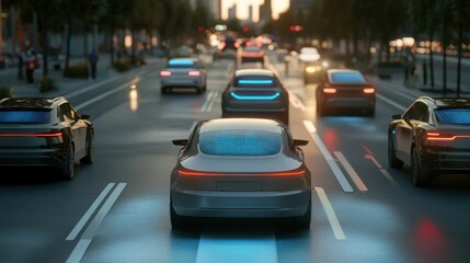 Futuristic Car Driving on a City Street at Dusk