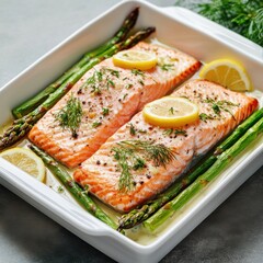 A delicious baked salmon with asparagus and lemon slices. Featuring protein and health benefits