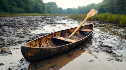 Abandoned wooden canoe on muddy riverbank with lush greenery