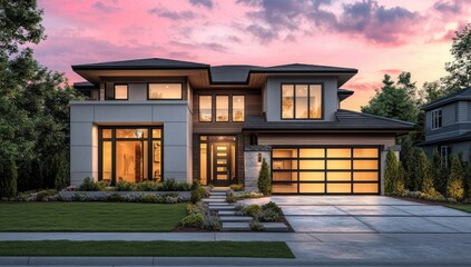 A modern home with a wood and stone exterior, large glass windows, a steel roof, a front yard with concrete pavers