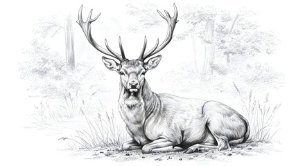 Resting deer with large antlers in a forest pencil drawing