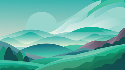 Desert landscape, vast sand dunes, golden sunset, orange sky, large sun, mountainous horizon, warm colors, stylized illustration, vector art, minimalist design, tranquil scene, barren wilderness, roll