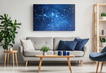 a minimalist living room with a gray sofa, wooden coffee table, and a blue canvas painting on the wall above it