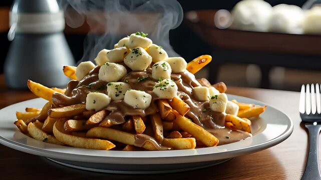 Steaming plate of hot poutine topped with melted cheese curds and savory brown gravy served on crispy golden fries in a cozy restaurant setting

