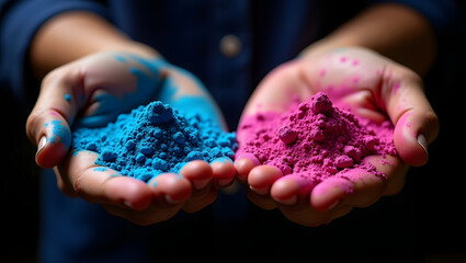 hands holding blue and pink holi powder on black background