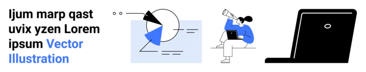 Pie chart and graph, individual using laptop while holding telescope, black laptop screen. Ideal for technology, data interpretation, teamwork, remote work, exploration, innovation simple landing