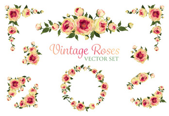 Vintage flowers set over white background wedding vector image. Set of vintage floral design elements with pink yellow roses, buds, leaves.
