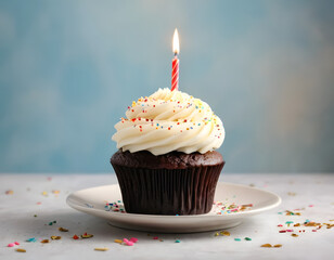 Delicious birthday cupcake on table on light background.