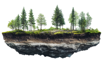 Floating forest island cross section revealing soil layers and roots isolated on transparent background