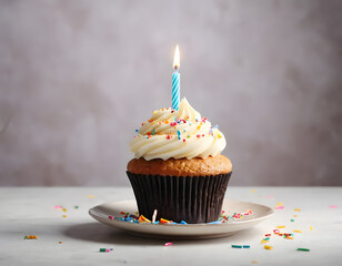 Delicious birthday cupcake on table on light background.
