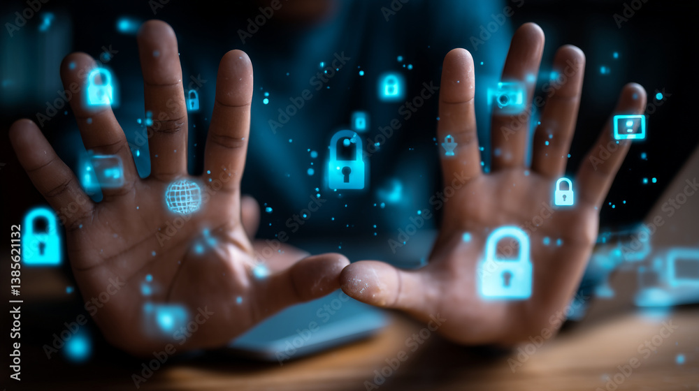 Poster hands framing digital security icons floating above a device screen with a dark background