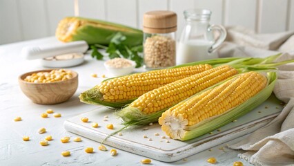 Close-up of Fresh Corn on a Table with White Background V2