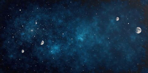 Fototapeta premium Stylized starry sky with scattered stars and moon phases on aged paper background, night sky, cosmos