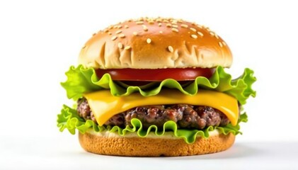 Burger with cheese, lettuce and tomato on white background , high resolution, white background