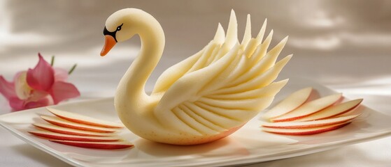Elegant Swan Carved from Apple Fruit Displayed Aesthetically with Sliced Fruit on Plate for Decorative Culinary Presentation