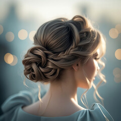 Fototapeta premium A photograph depicting a woman with a perfectly executed French twist hairstyle, sharp focus on the hair.