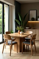 Teak wooden dining table and chairs with elegant design, furniture, dining