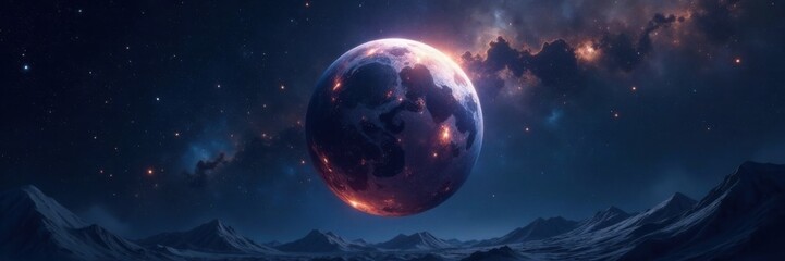 Celestial body suspended in darkness with starry background, stars, mysterious, planet