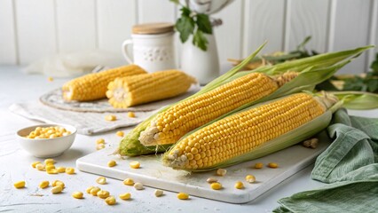 Close-up of Fresh Corn on a Table with White Background V3