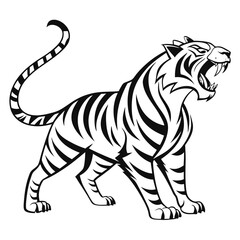 tribal tiger, geometric pattern, black and white illustration, stylized animal art, roaring feline, bold lines, diamond shapes, symmetrical design, monochrome, abstract big cat, native art influence, 