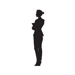 Black vector illustration features silhouettes of a standing business woman and man