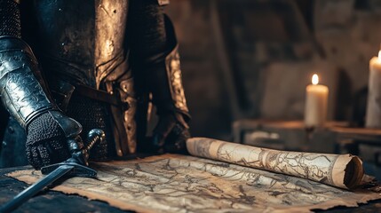 A Brave Knight in Armor Studying an Ancient Map and Scroll in a Dimly Lit Room Surrounded by Candles and Historical Artifacts