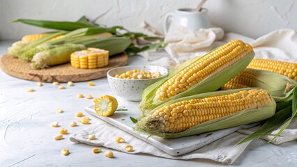 Close-up of Fresh Corn on a Table with White Background V4