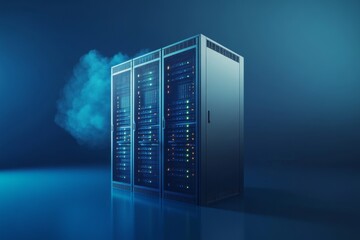 Server room, rack, cloud computing, glowing lights, dark blue background