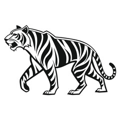 Obraz premium tribal tiger, geometric pattern, black and white illustration, stylized animal art, roaring feline, bold lines, diamond shapes, symmetrical design, monochrome, abstract big cat, native art influence, 