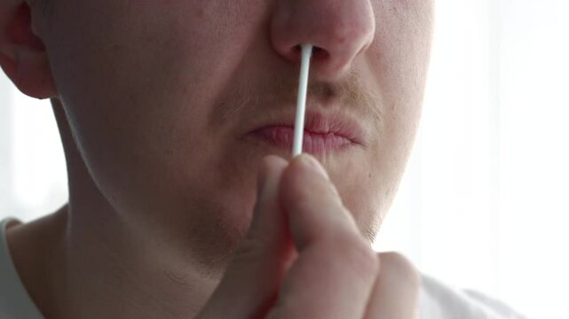 Picking your nose with a cotton swab.
Taking a sample from your nose.
Nasal swab.
Cotton swab in your nostril.
A person picking their nostril with a cotton swab.
