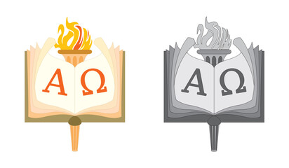 Opened Bible with the letters Alpha and Omega. Christianity. Lit torch. EPS 10. Vector illustrations