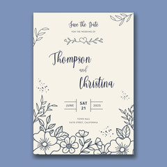 Elegant Floral Wedding Invitation, minimalist with hand drawn flower and leaves decoration