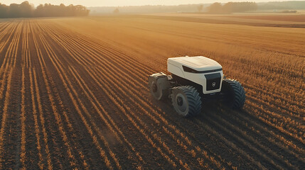 A futuristic autonomous farming vehicle, vast farmland with advanced harvesting technology, Agri-tech style